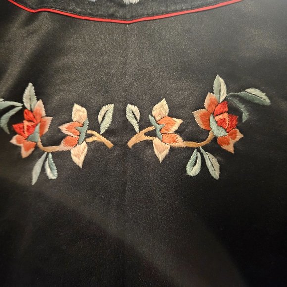 Silk Embroidered Black Floral Birds Jacket 3/4 Sleeve Side Slits DUNHUANG XL - Picture 6 of 7